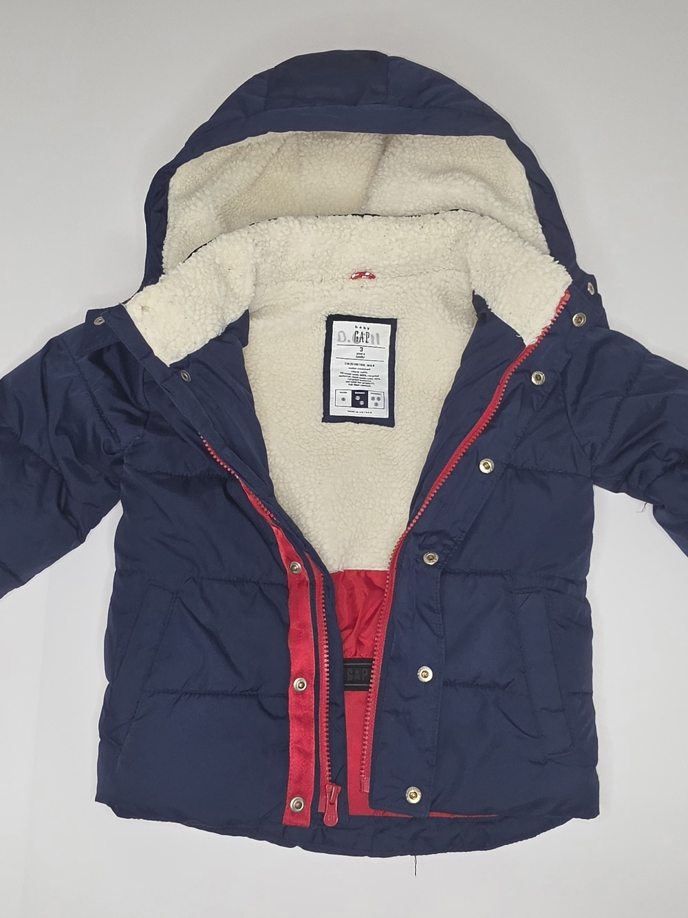 BABY GAP Navy Puffer Jacket with Red Trim and Cream Sherpa Lining